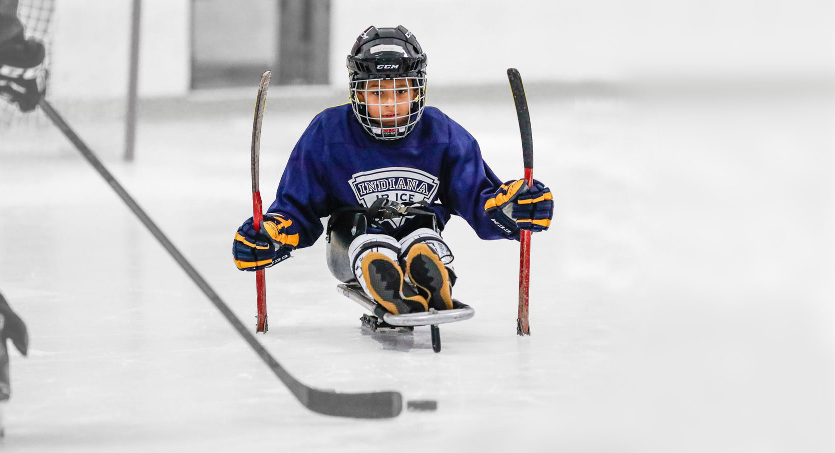 Young Indy Steel sled hockey player on the ice chasing a hockey puck